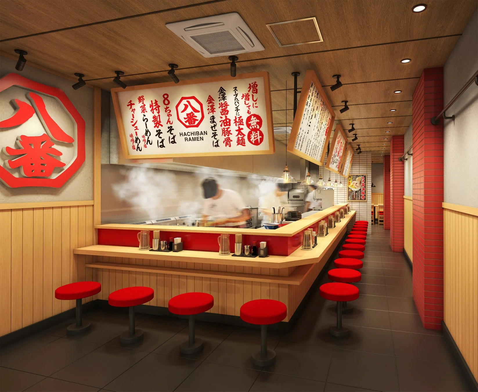 八番ラーメンの店内カウンター