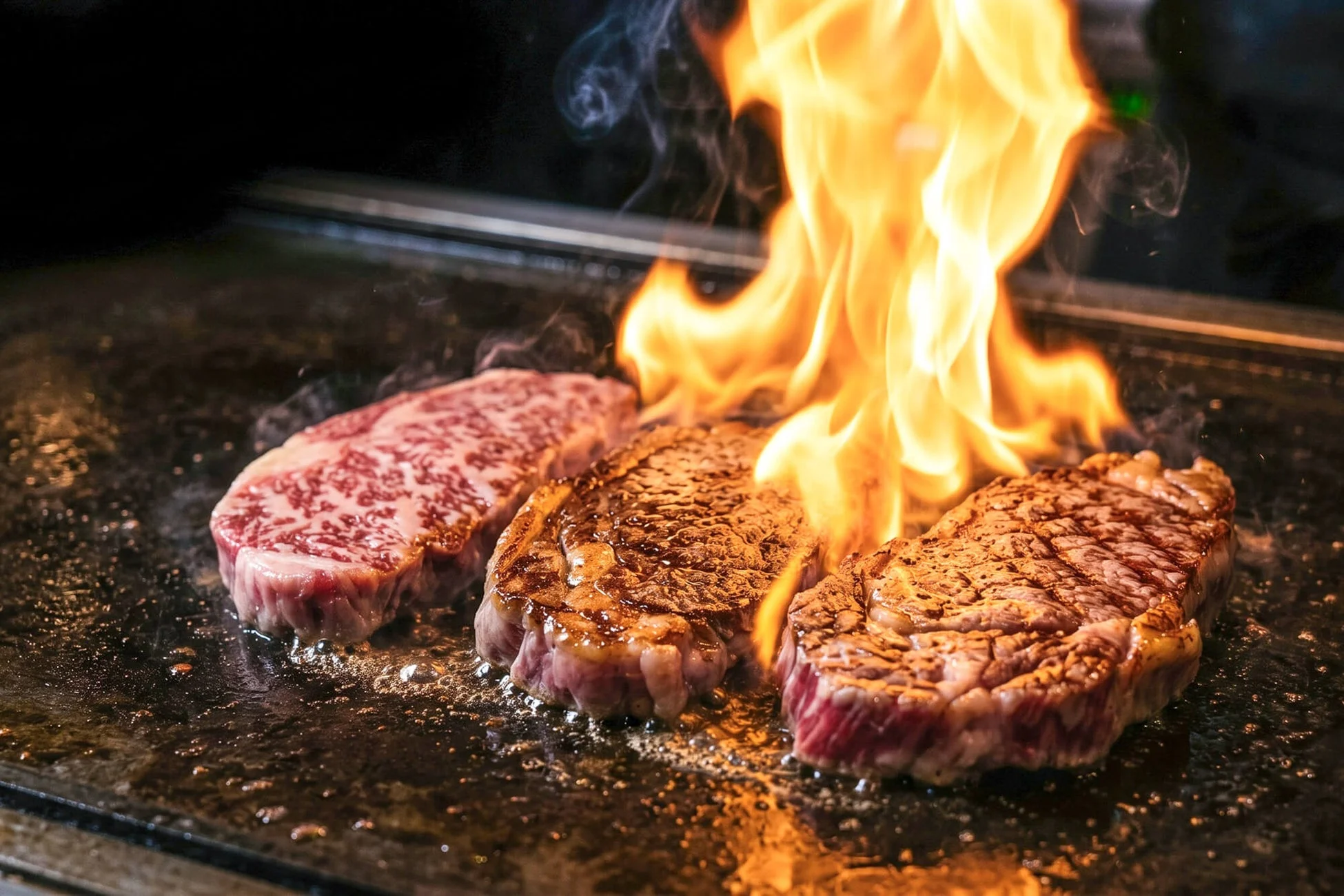鉄板の上で炎を上げて豪快に焼かれている3枚のステーキ