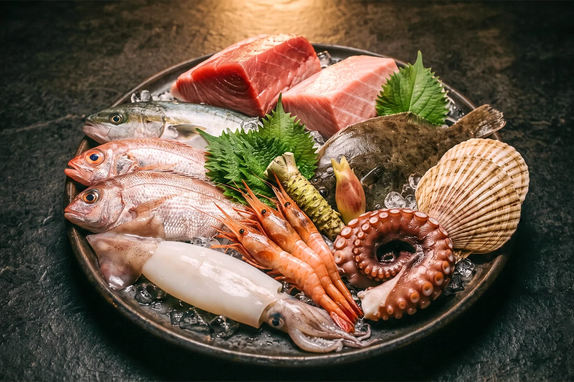 新鮮な魚介類が氷の上に美しく盛り付けられた豪華な一皿