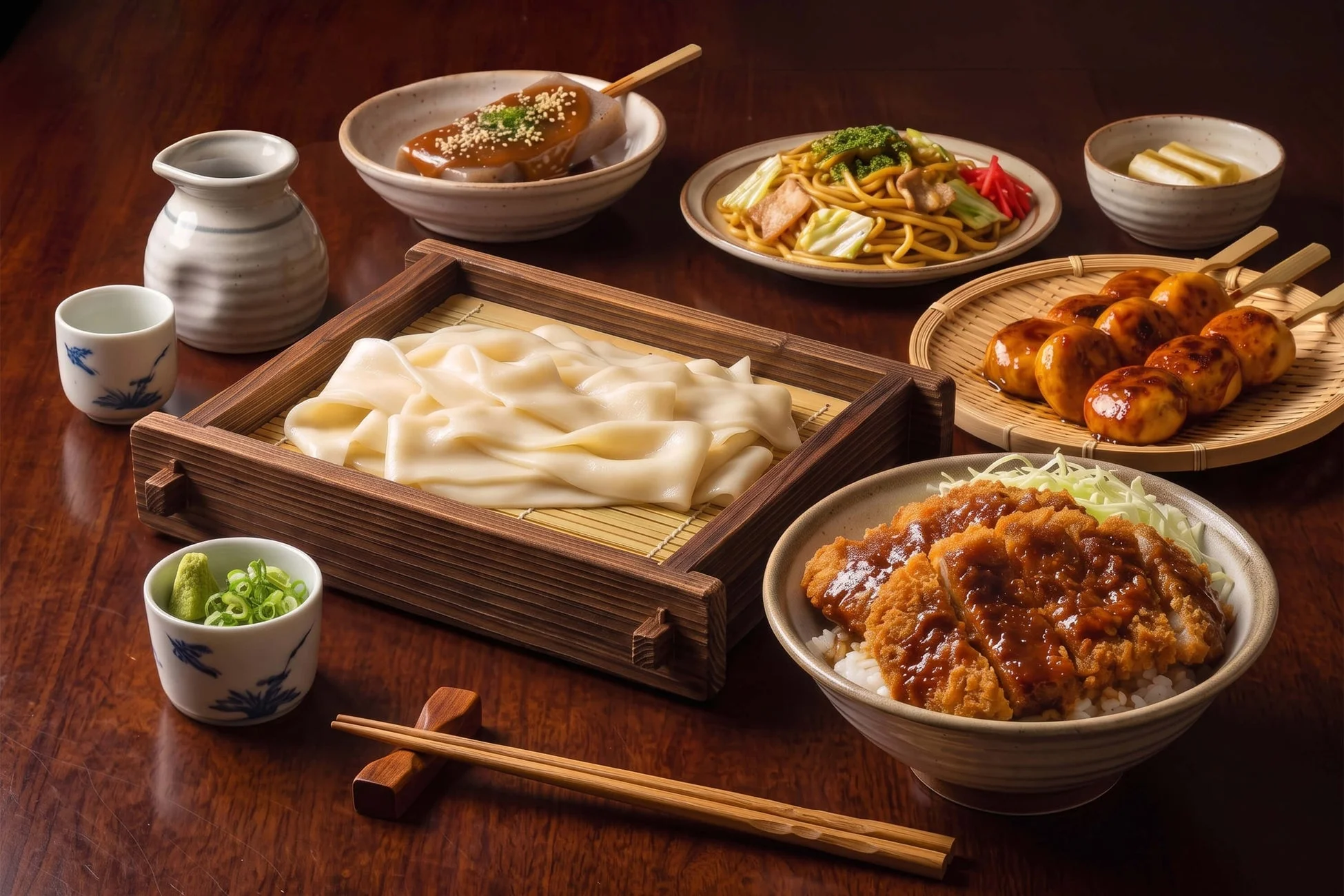 暗い木製のテーブルに並べられた様々な和食のセット