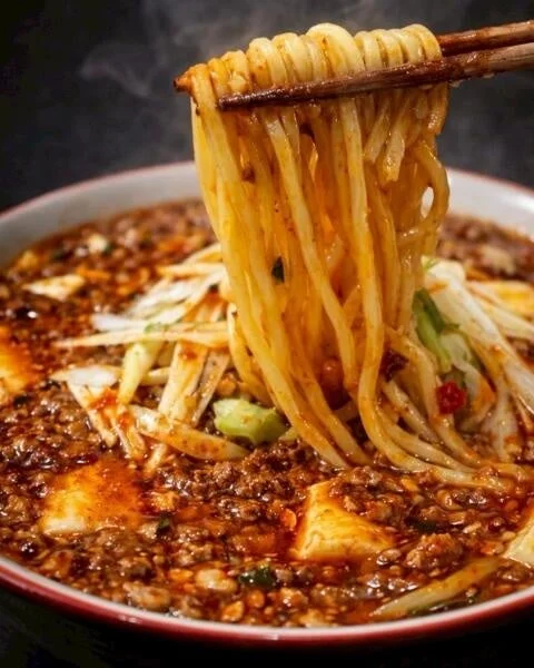 湯気が立つ熱々の担々麺のクローズアップ