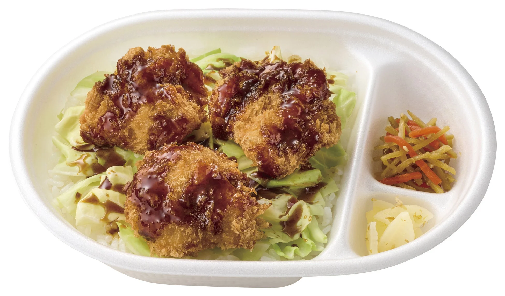 白い使い捨て容器に入った、揚げ物とご飯の和風弁当