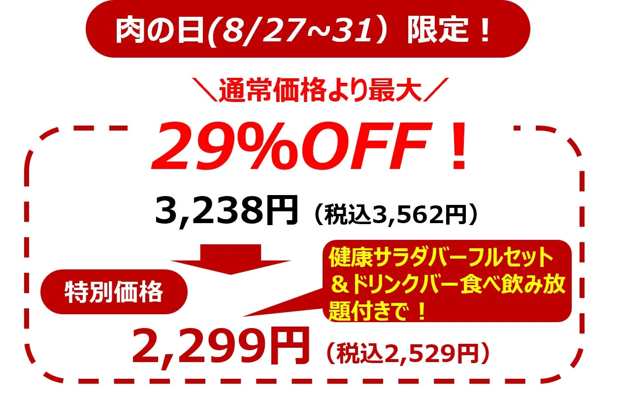 「肉の日」限定で、8月27日から31日まで実施される割引キャンペーンの告知です。