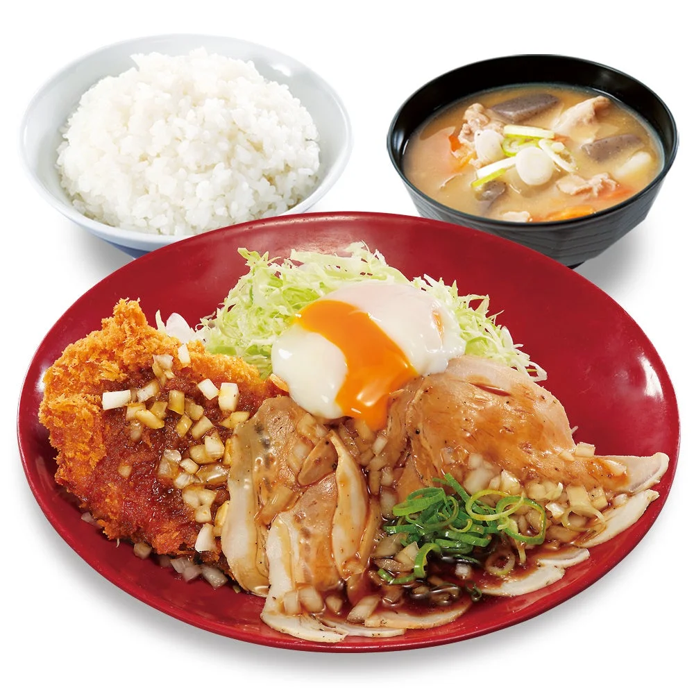 温たま付ローストポークとロースカツの合い盛り定食