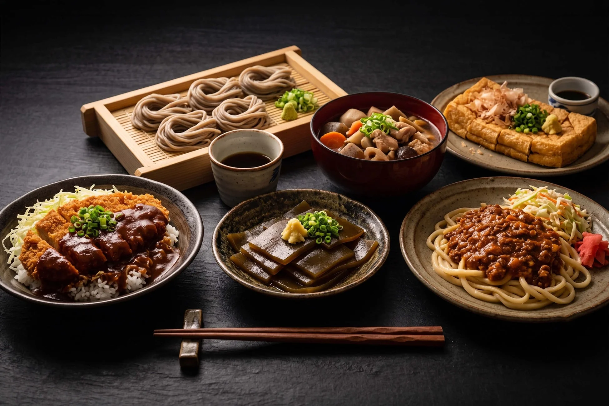 暗い背景に様々な和食が並べられた食卓の様子