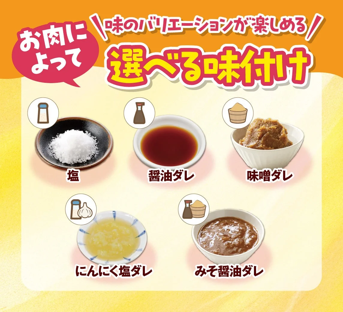 肉料理に合わせて選べる5種類の味付け（塩、醤油ダレ、味噌ダレ、にんにく塩ダレ、みそ醤油ダレ）を紹介しており、味のバリエーションを楽しめることを伝えています。
