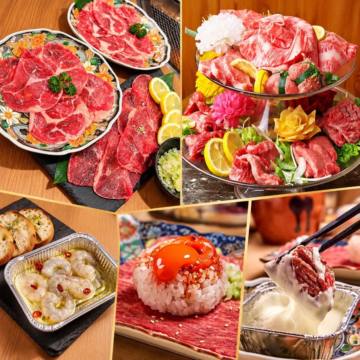 様々な肉料理や海鮮が並ぶ豪華な食卓のコラージュ